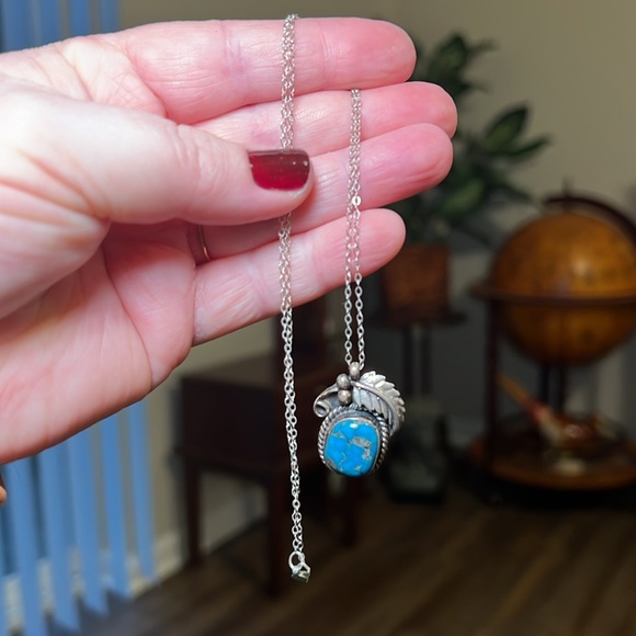 VTG Native American signed CE sterling silver turquoise pendant chain necklace - Picture 6 of 6